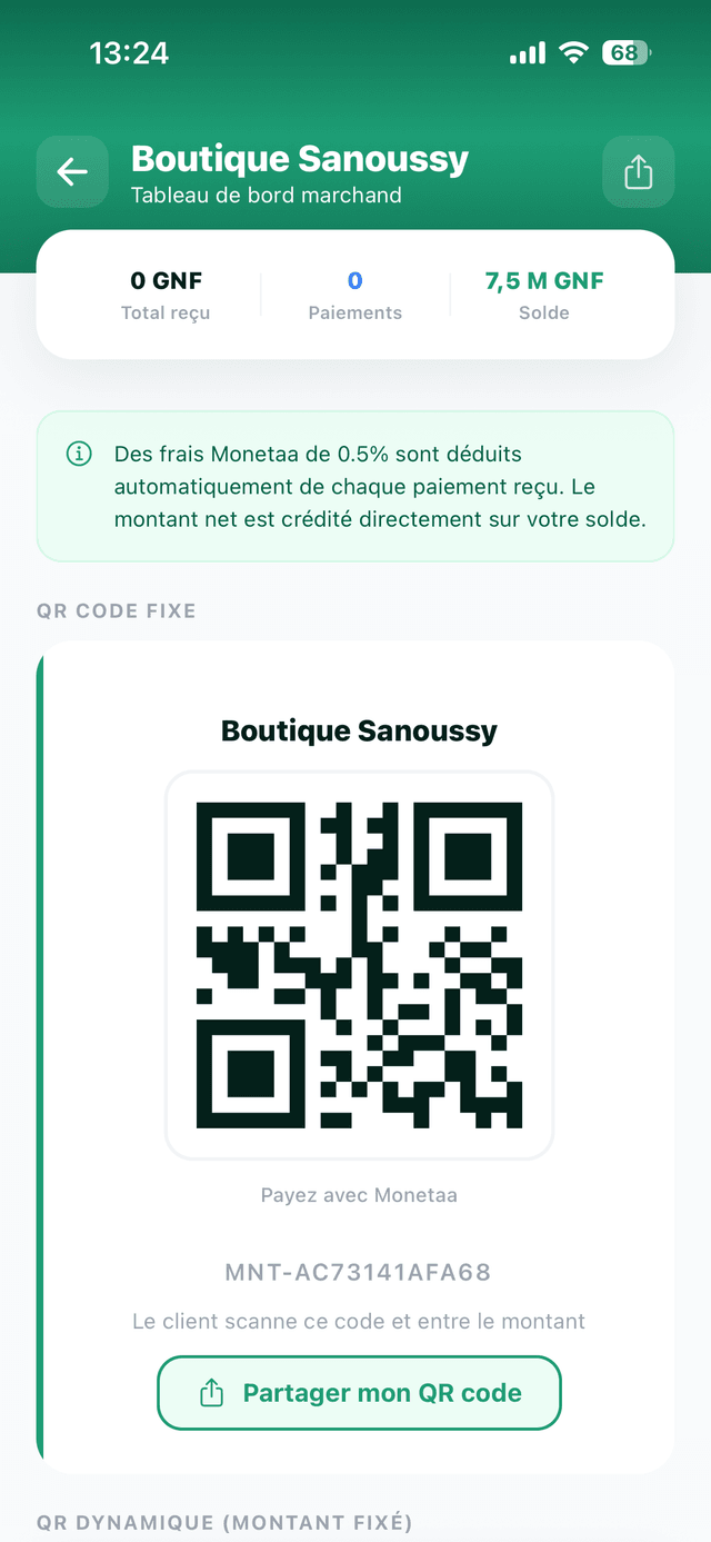 Tableau de bord marchand Monetaa